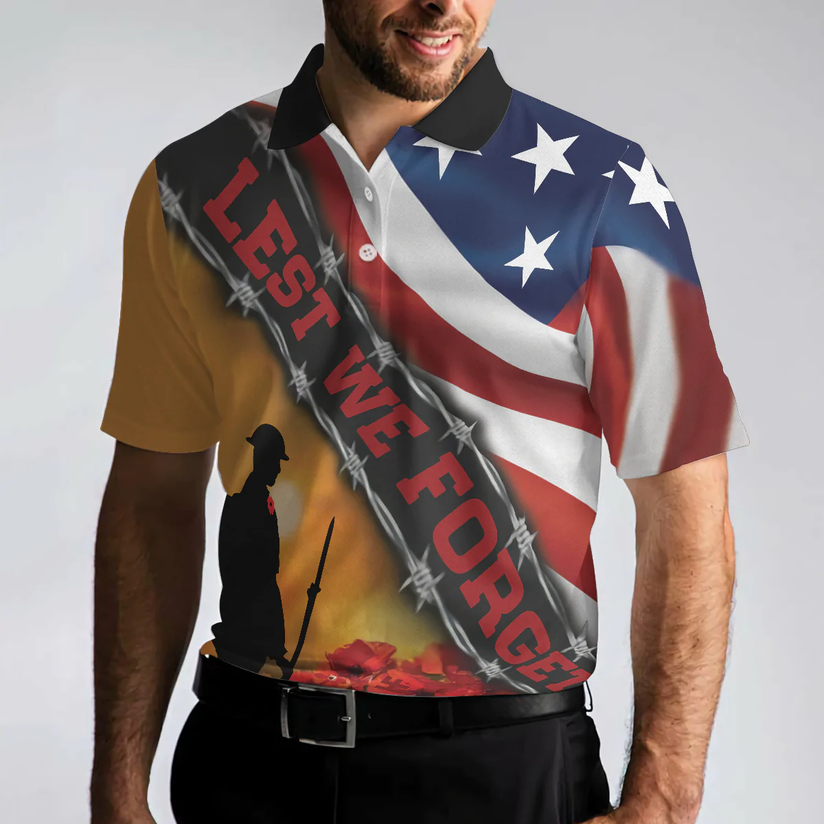 Cool American Flag Veteran Men Polo Shirt, Lest We Forget Veteran Polo Shirt, Meaningful Gift Idea For Veterans