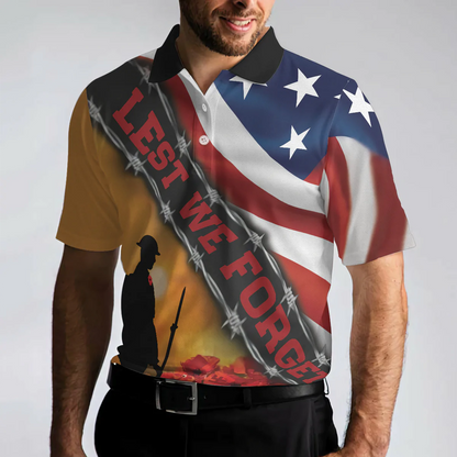 Cool American Flag Veteran Men Polo Shirt, Lest We Forget Veteran Polo Shirt, Meaningful Gift Idea For Veterans
