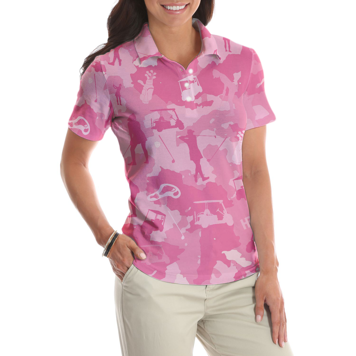 Golf Girl Camouflage V2 Short Sleeve Women Polo Shirt, Pink Camo Golf Shirt For Ladies, Cool Golf Gift For Women, Best Gift For Women Golfers