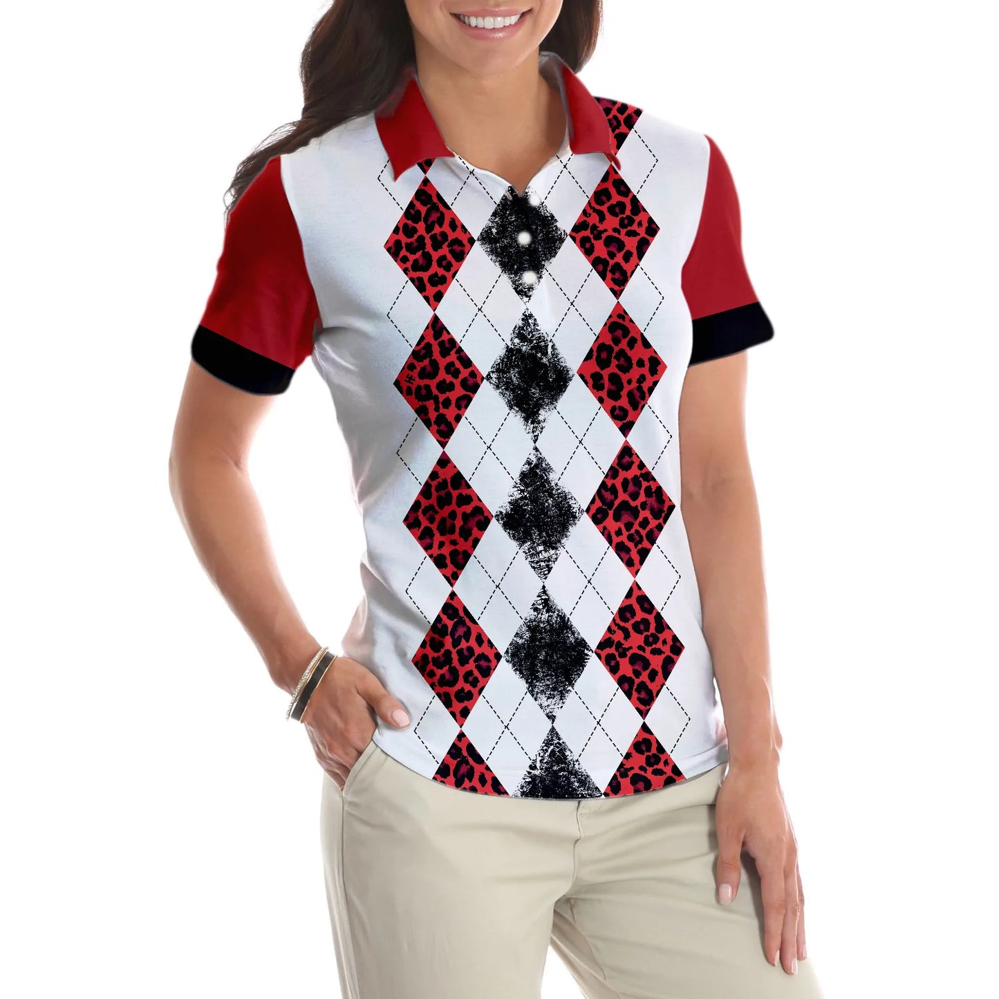 White And Red Leopard Argyle Pattern Wine Women Polo Shirt, Just A Woman Who Loves Golf And Hallowine Golf Short Sleeve Shirt For Female, Halloween Golf Shirt For Ladies