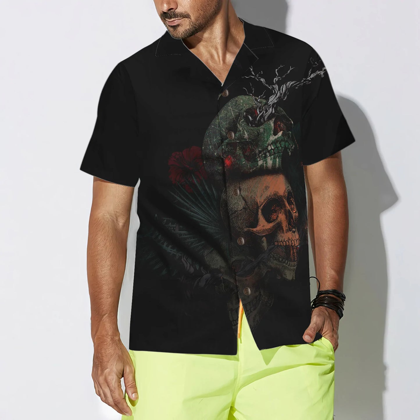 Artistic Gothic Skull With Flowers Goth Hawaiian Shirt, Black Aloha Shirt For Men, Best Gift For Summer, Husband, Boyfriend