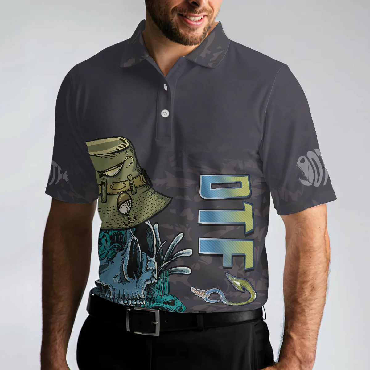 Black Skull Fishing Men Polo Shirt, I'm Always DTF Down To Fish Fishing Polo Shirt, Best Fishing Shirt For Men