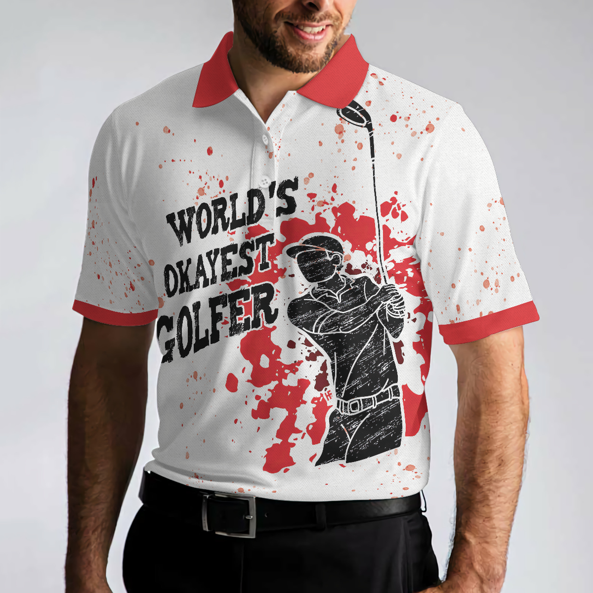 World's Okayest Golfer Golf Polo Shirt, Red Paint Splash Black Golfer Silhouette Polo Shirt, Best Golf Shirt - Perfect Gift For Men