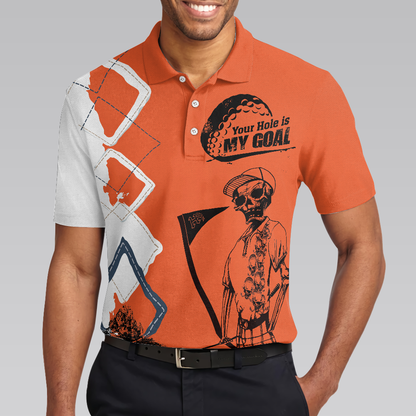 Your Hole Is My Goal Golf Polo Shirt, Orange Argyle Pattern Skeleton Golfer Polo Shirt, Best Golf Shirt - Perfect Gift For Men