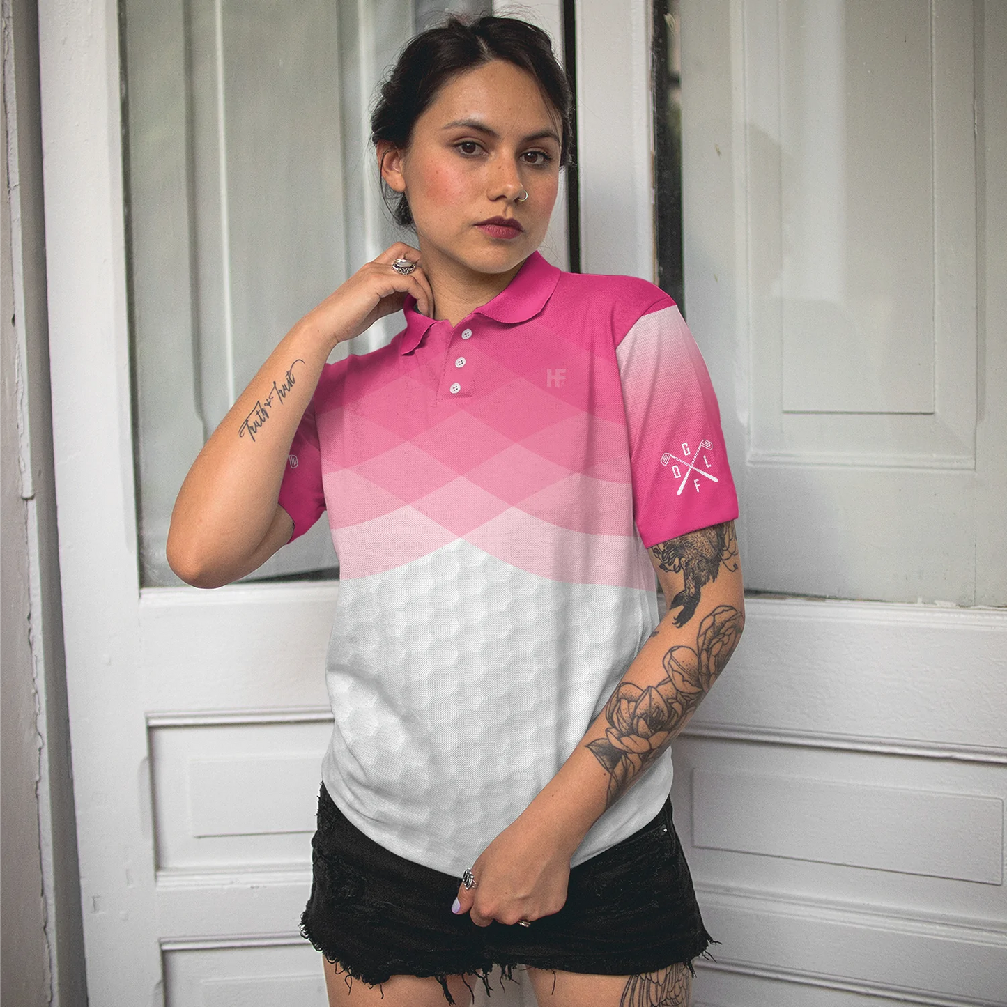 Pink Argyle Pattern Golf Polo Shirt, Just A Pink Girl Who Loves Playing Golf Short Sleeve Shirt For Ladies, Gift For Female Golfers