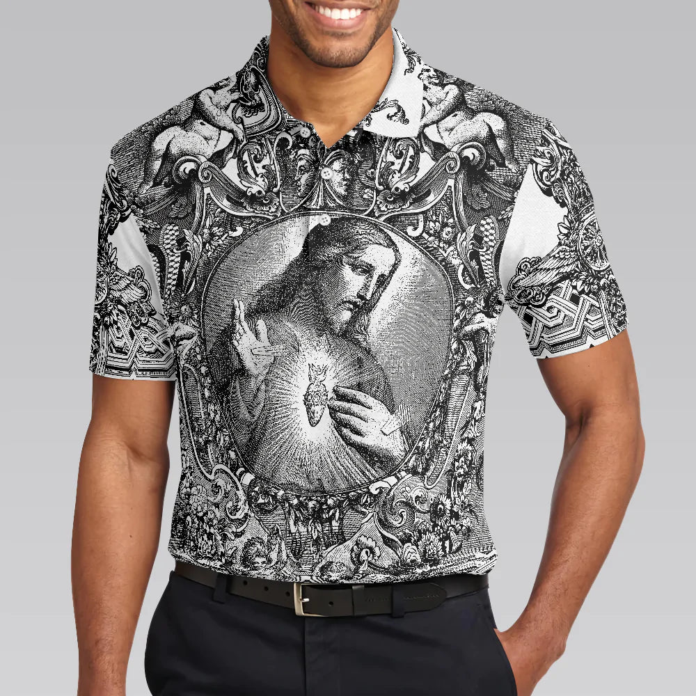 Jesus Christ Vintage Sketch Art Christian Men Polo Shirt, Black And White Christian Shirt For Men