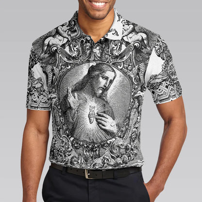 Jesus Christ Vintage Sketch Art Christian Men Polo Shirt, Black And White Christian Shirt For Men