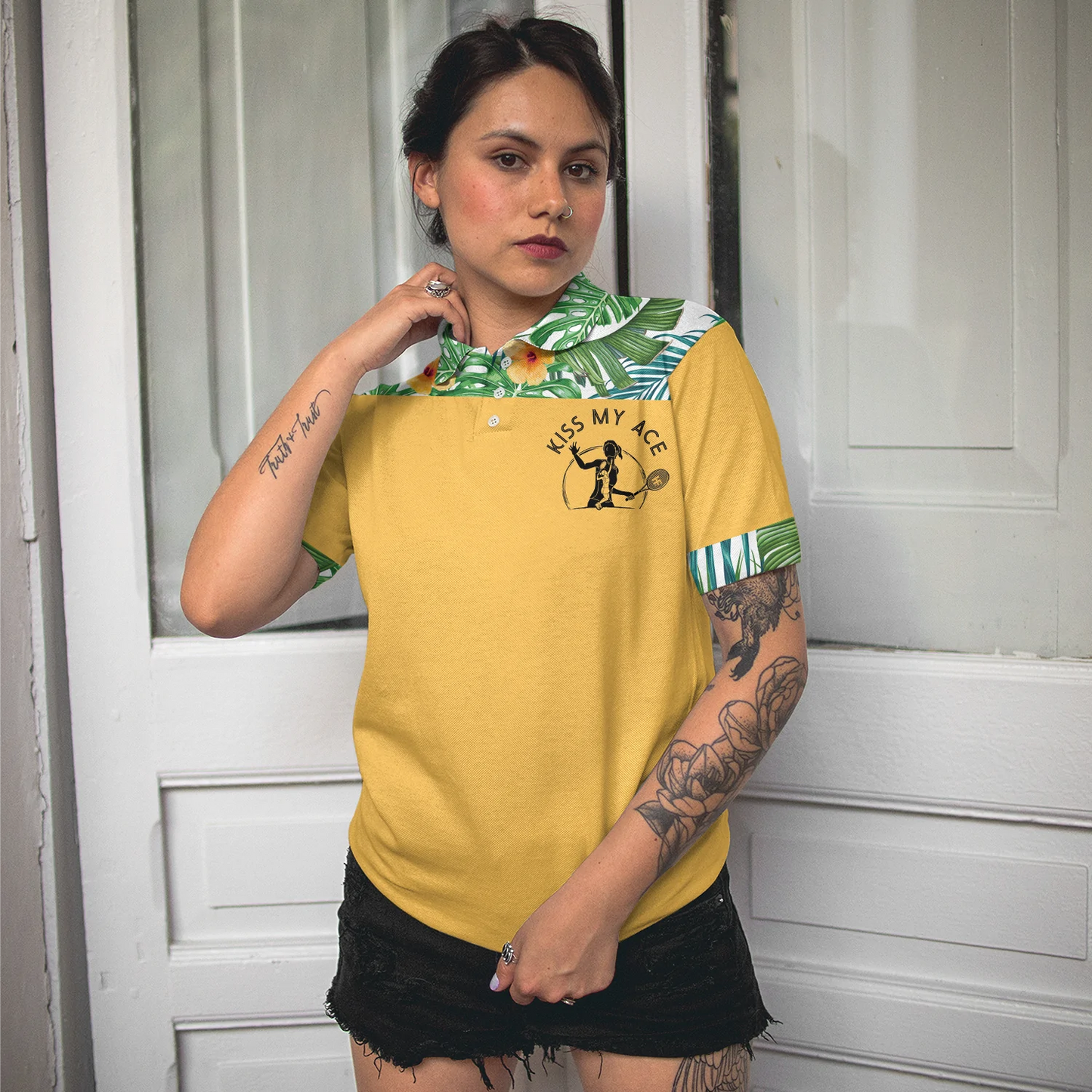 Tropical Pattern Tennis Women Polo Shirt, Kiss My Ace Floral Tennis Shirt For Female Short Sleeve