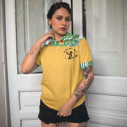 Tropical Pattern Tennis Women Polo Shirt, Kiss My Ace Floral Tennis Shirt For Female Short Sleeve