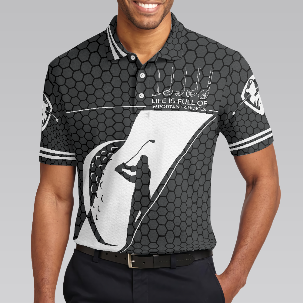 Black Golfing Pattern Men Polo Shirt, Life Is Full Of Important Choices Golf Polo Shirt, Best Golf Shirt For Men