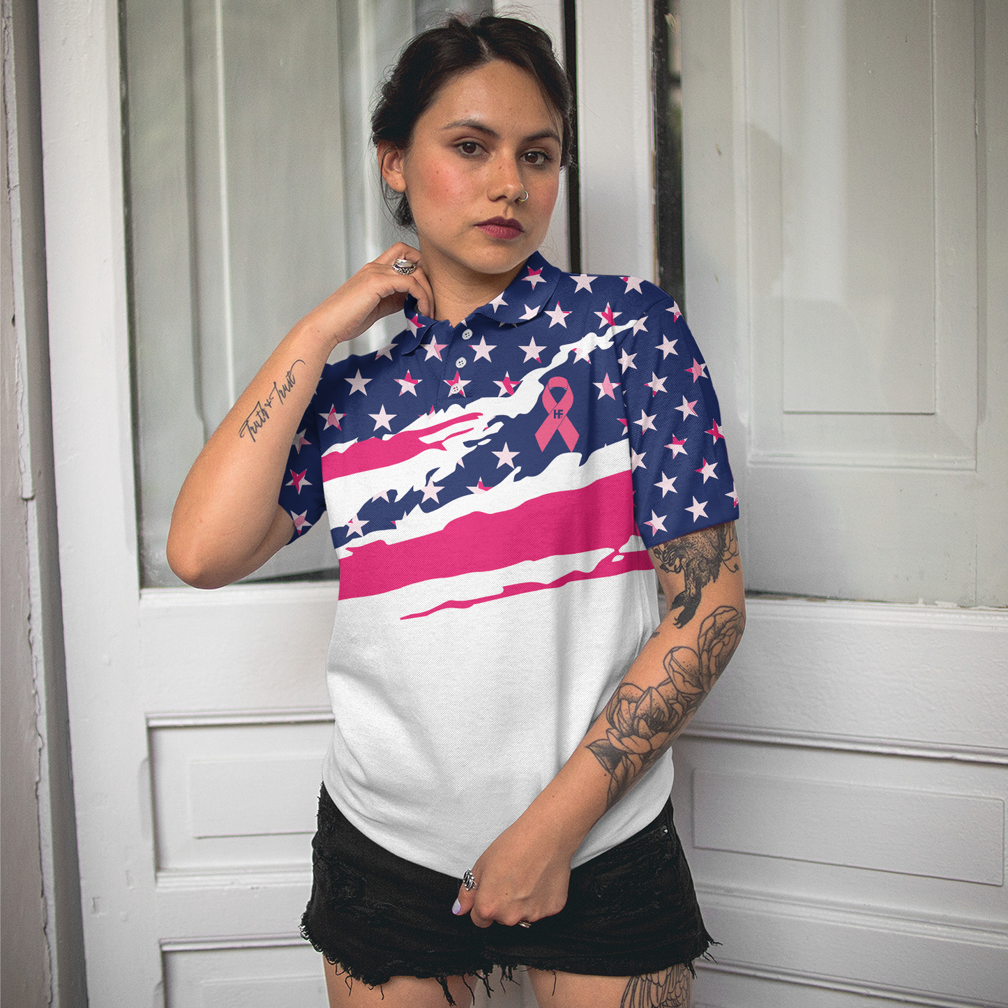 Fight Breast Cancer Awareness American Flag Short Sleeve Women Polo Shirt, Colorful Breast Cancer Awareness Month Shirt