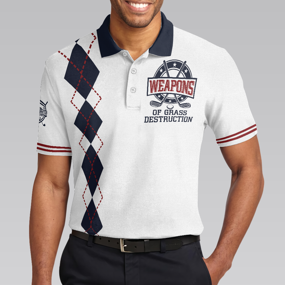 Weapons Of Grass Destruction Polo Shirt, White And Navy Argyle Pattern Polo Shirt, Best Golf Shirt For Men - Perfect Gift For Men, Golfers