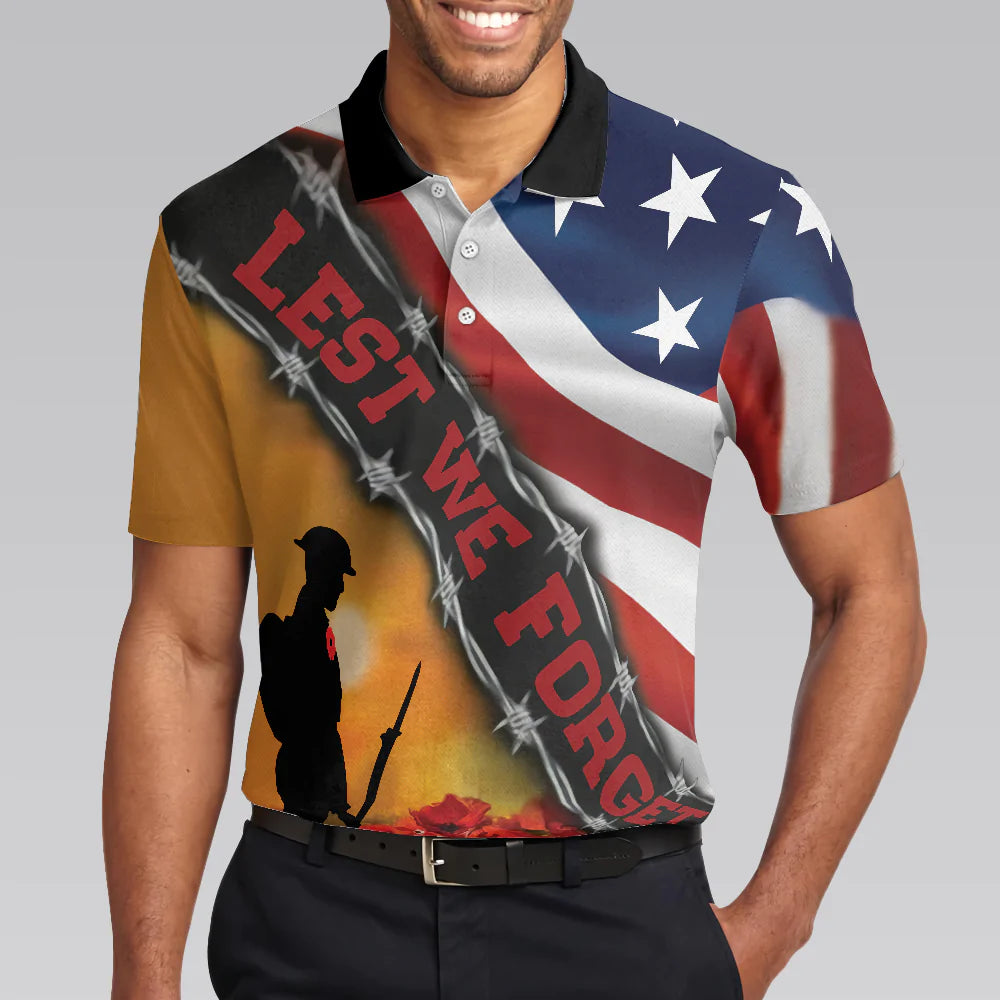 Cool American Flag Veteran Men Polo Shirt, Lest We Forget Veteran Polo Shirt, Meaningful Gift Idea For Veterans