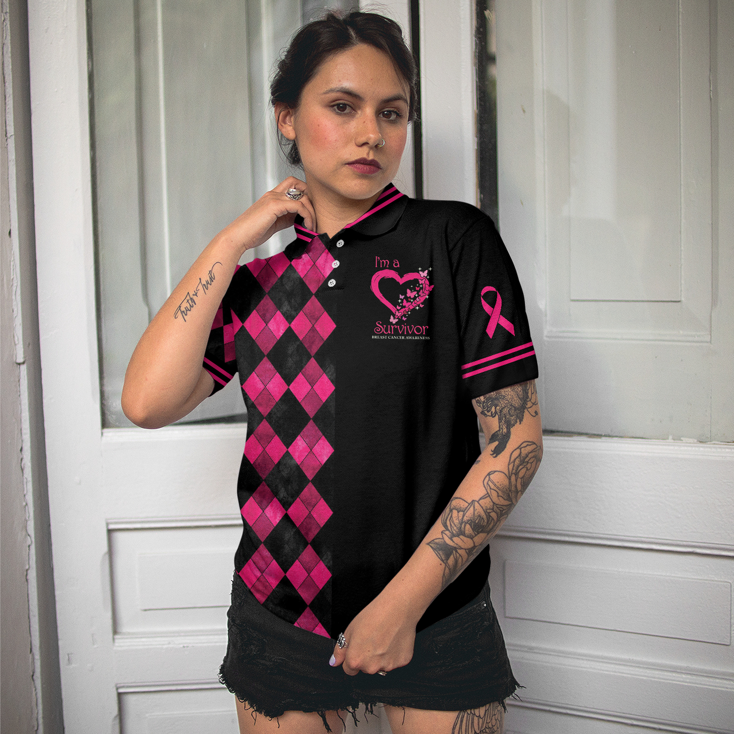 Breast Cancer Women Polo Shirt, I'm A Survivor Breast Cancer Awareness Short Sleeve Women Polo Shirt, Black And Pink Argyle Pattern Shirt