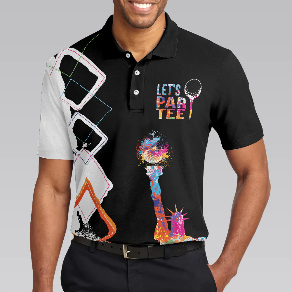 Colorful Lady Liberty Patriotic Men Polo Shirt, Let's Par Tee Golfer Polo Shirt, Black And White Argyle Pattern Golf Shirt For Male