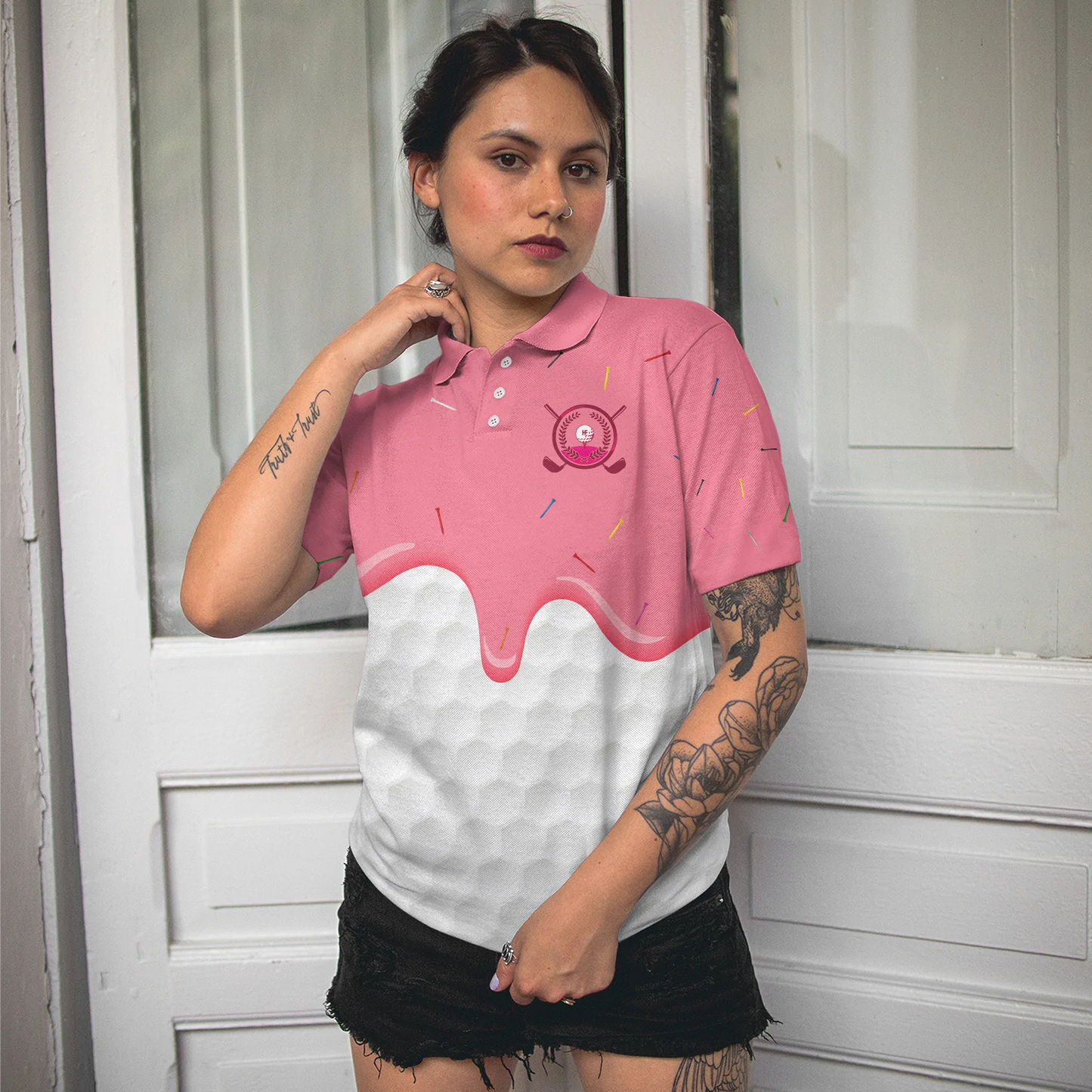 White And Pink Golf Women Polo Shirt, Ice Cream Melting On Golf Ball Cone Golf Short Sleeve Shirt For Ladies, Cool Gift For Female Golfers