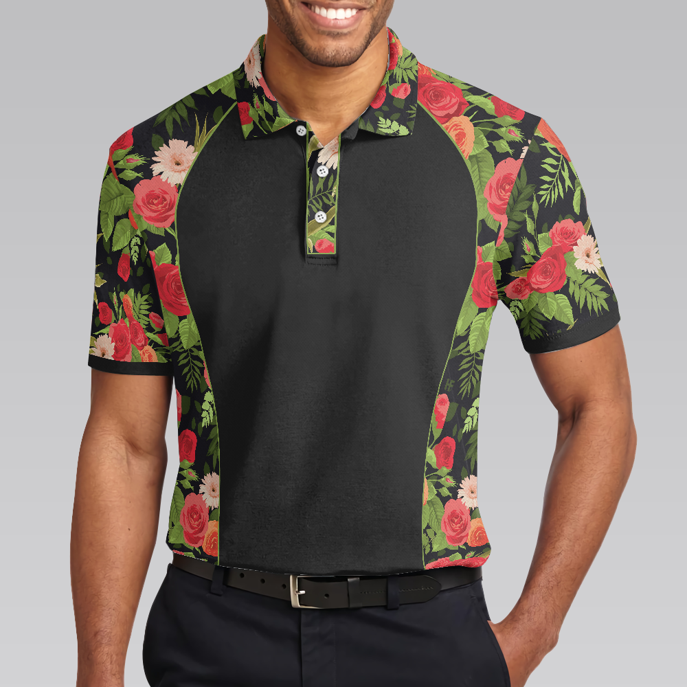 Tropical Roses Pattern Polo Shirt, Black Polo Shirt With Roses, Print Roses Pattern Shirt For Adults - Perfect Gift For Men