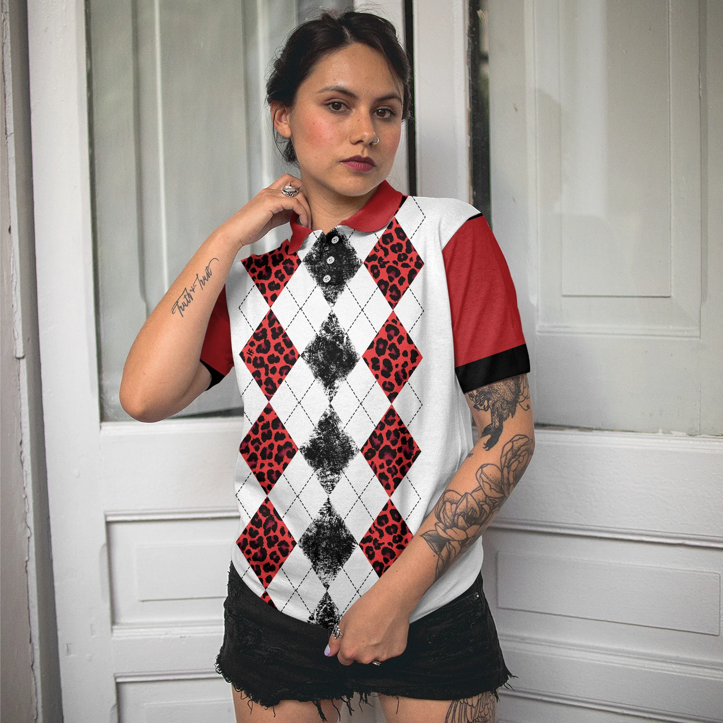 White And Red Leopard Argyle Pattern Wine Women Polo Shirt, Just A Woman Who Loves Golf And Hallowine Golf Short Sleeve Shirt For Female, Halloween Golf Shirt For Ladies
