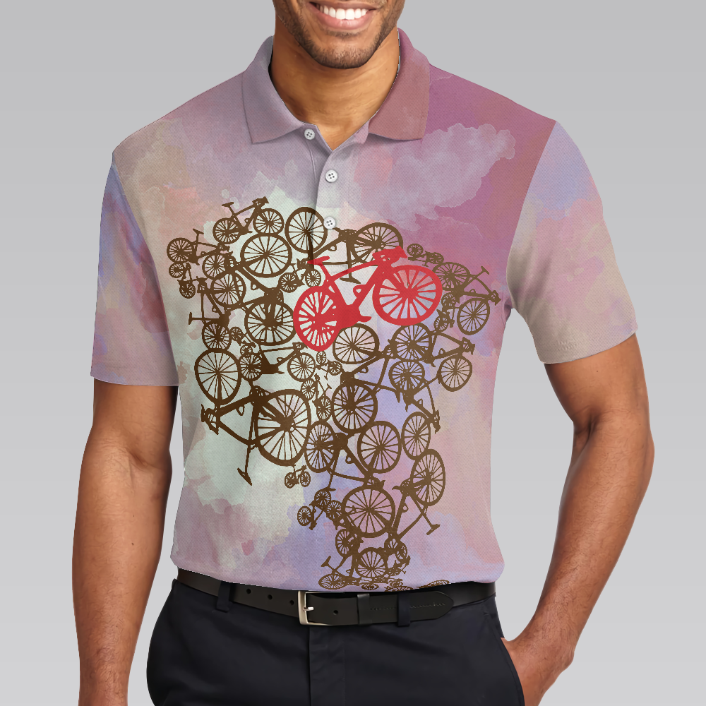 Cycling Polo Shirt, Tie Dye Pink Cycling Shirt For Bikers, Best Cycling Themed Polo Shirt For Adults