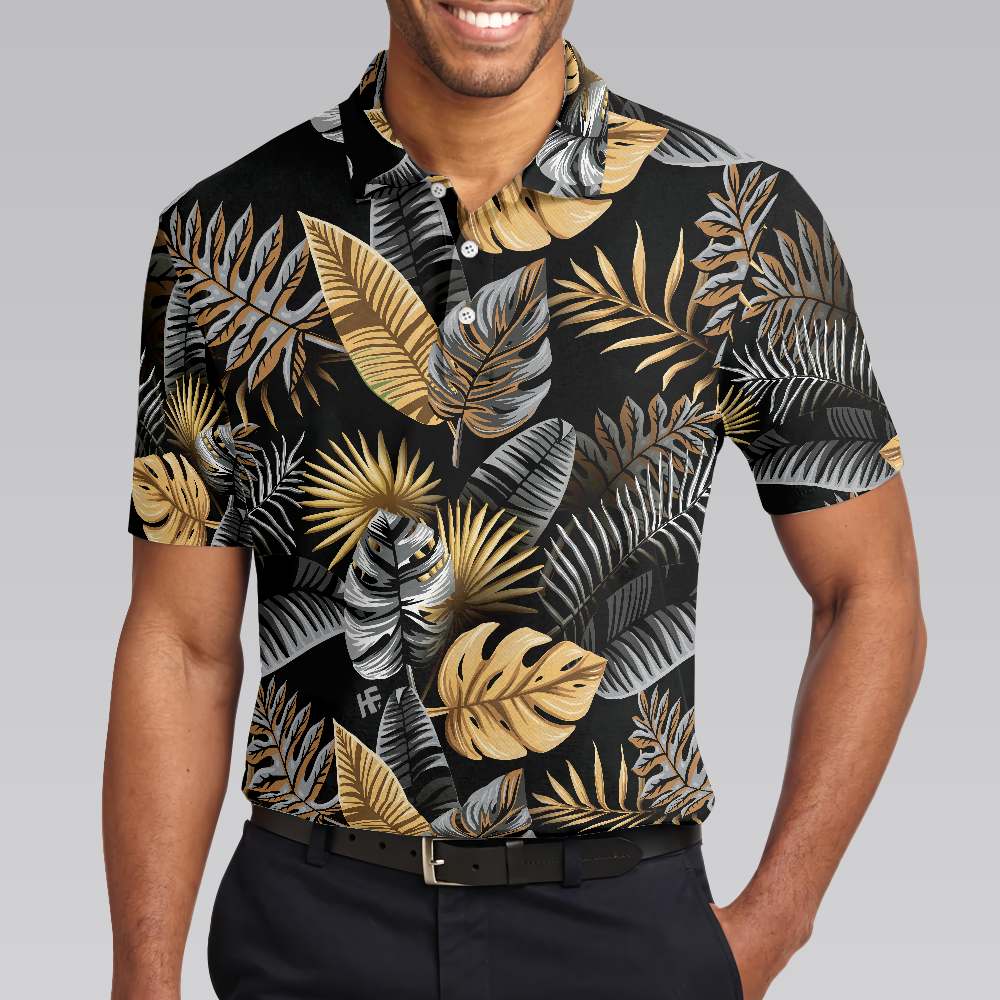 Tropical Golden Palm Leaves Pattern Polo Shirt, Tropical Leaf Polo Shirt For Adults, Summer Vibe Shirt - Perfect Gift For Men