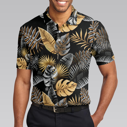 Tropical Golden Palm Leaves Pattern Polo Shirt, Tropical Leaf Polo Shirt For Adults, Summer Vibe Shirt - Perfect Gift For Men