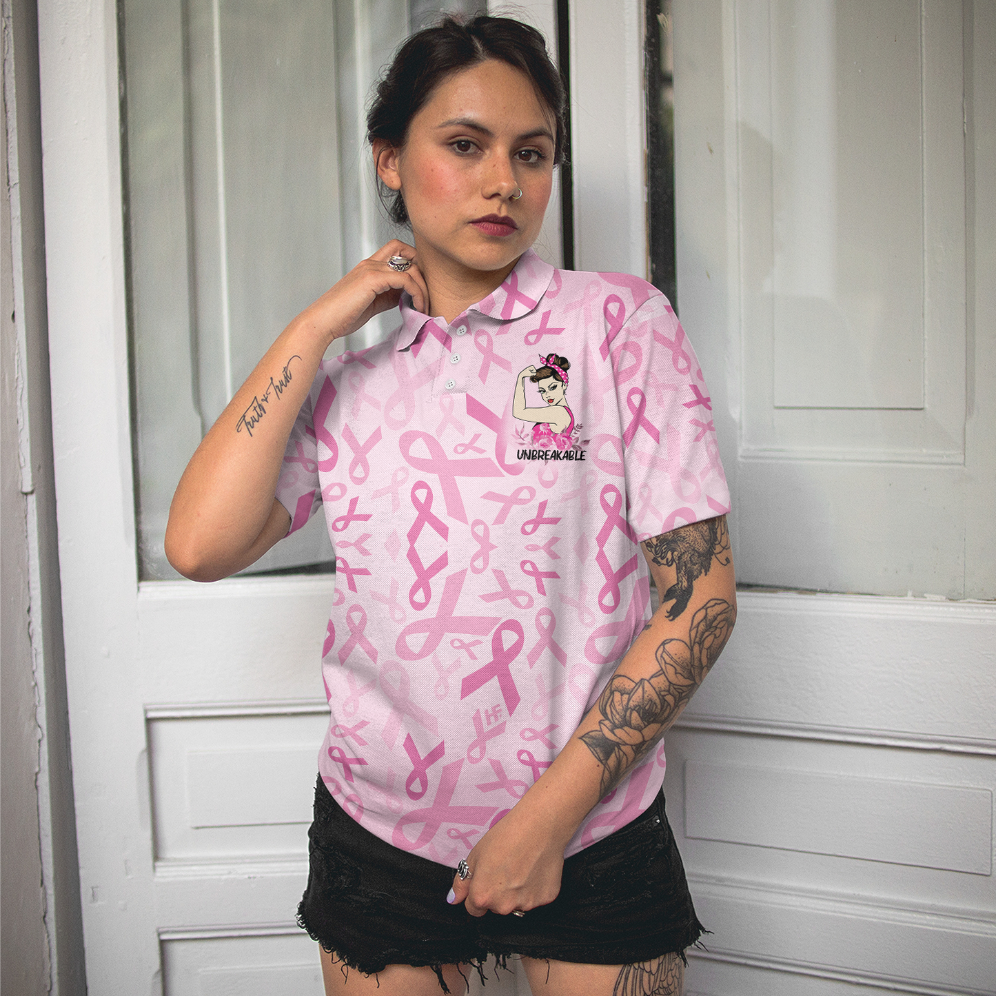 Unbreakable Breast Cancer Warrior Pink Breast Cancer Awareness Short Sleeve Women Polo Shirt - Perfect Gift For Women
