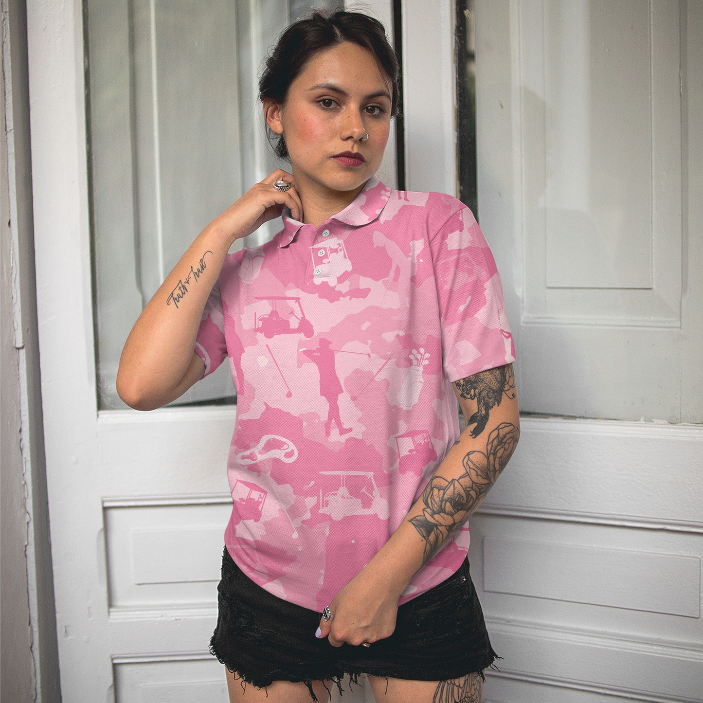 Golf Girl Camouflage V2 Short Sleeve Women Polo Shirt, Pink Camo Golf Shirt For Ladies, Cool Golf Gift For Women, Best Gift For Women Golfers