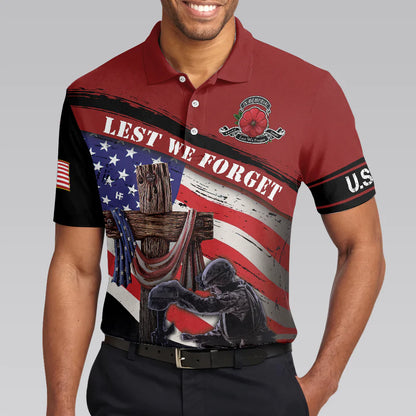 American Flag Wooden Cross Men Polo Shirt, Lest We Forget With USA Flag Polo Shirt For Male, Gift Idea For Veterans