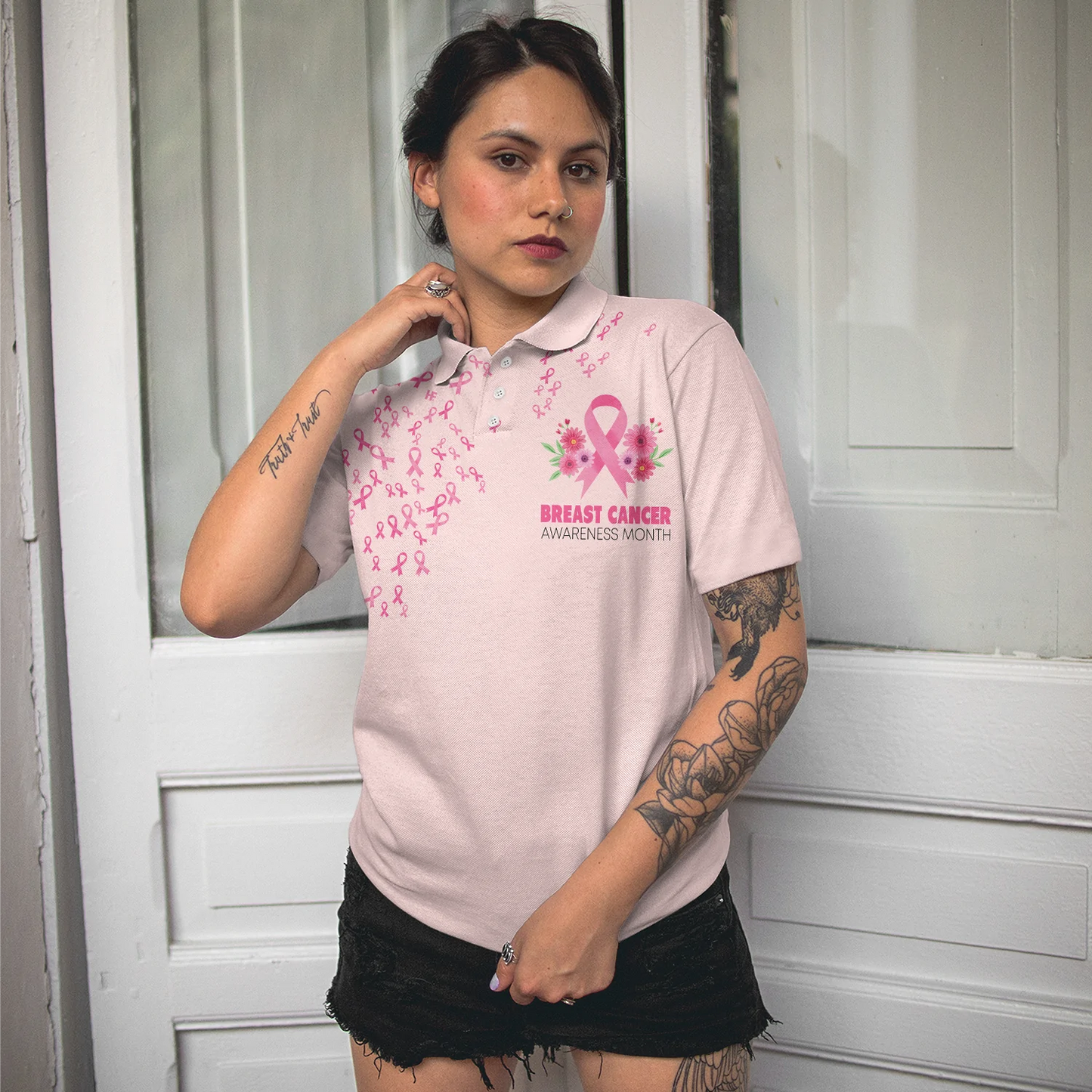 Breast Cancer Awareness Short Sleeve Women Polo Shirt, In This Family No One Fights Alone Shirt For Ladies, Cool Gift For Female