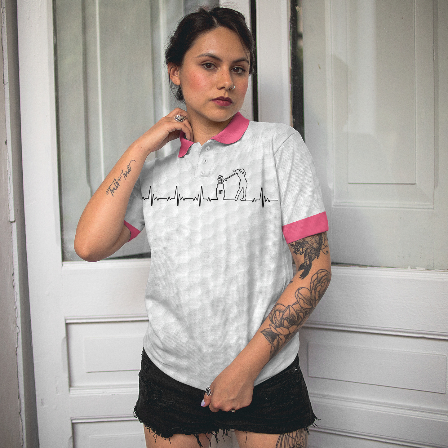 Heartbeat Golfer White And Pink Golf Short Sleeve Women Polo Shirt, Golf Shirt For Ladies, Best Gift For Golfers