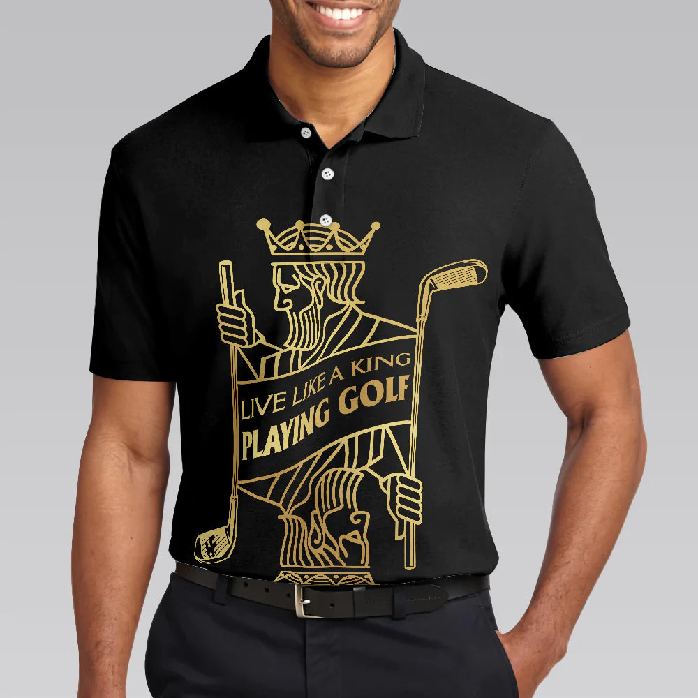 Live Like A King Playing Golf Black And Gold Polo Shirt, Luxury Playing Card Poker Polo Shirt, Best Golf Shirt For Men