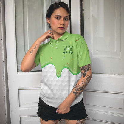 Golf Ball Pattern Women Polo Shirt, Green Ice Cream Melting On Golf Ball Cone Golf Short Sleeve Shirt For Ladies, Cool Gift For Female Golfers