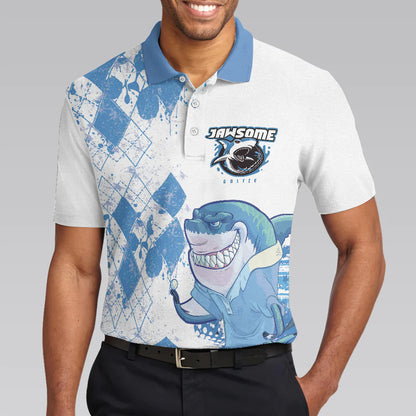Argyle Pattern American Flag Shark Golfer Men Polo Shirt, Jawsome Golfer Shark Golf Short Sleeve Polo Shirt, Best Golf Shirt For Men