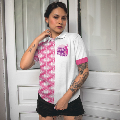 Pink Argyle Golf Clubs Pattern Women Polo Shirt, Just A Girl Who Loves Golf Short Sleeve Shirt, Gift For Female Golfers