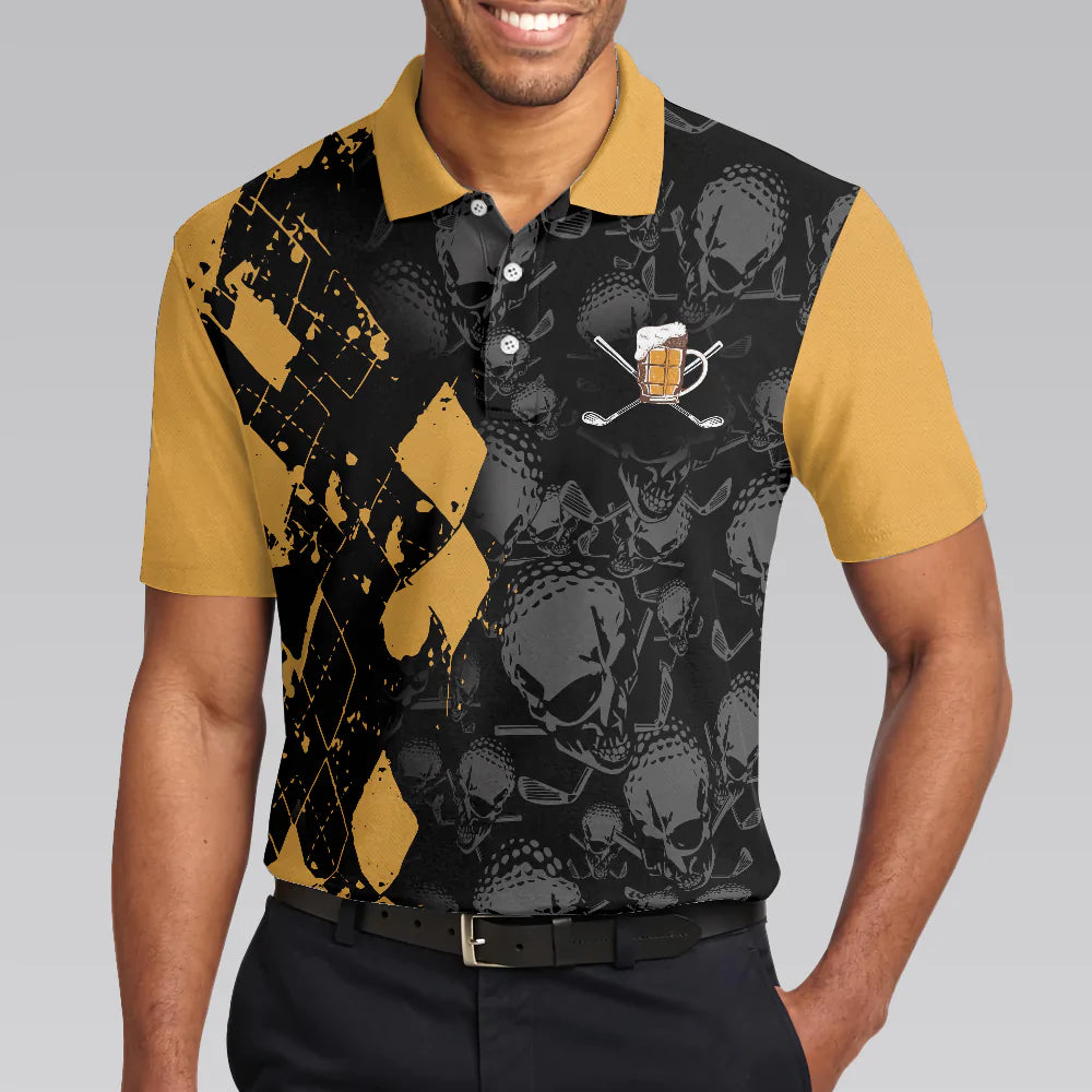 Skull Pattern Golf Drinking Men Polo Shirt, It Golf & Beer's Time Polo Shirt, Best Beer Golf Shirt For Male