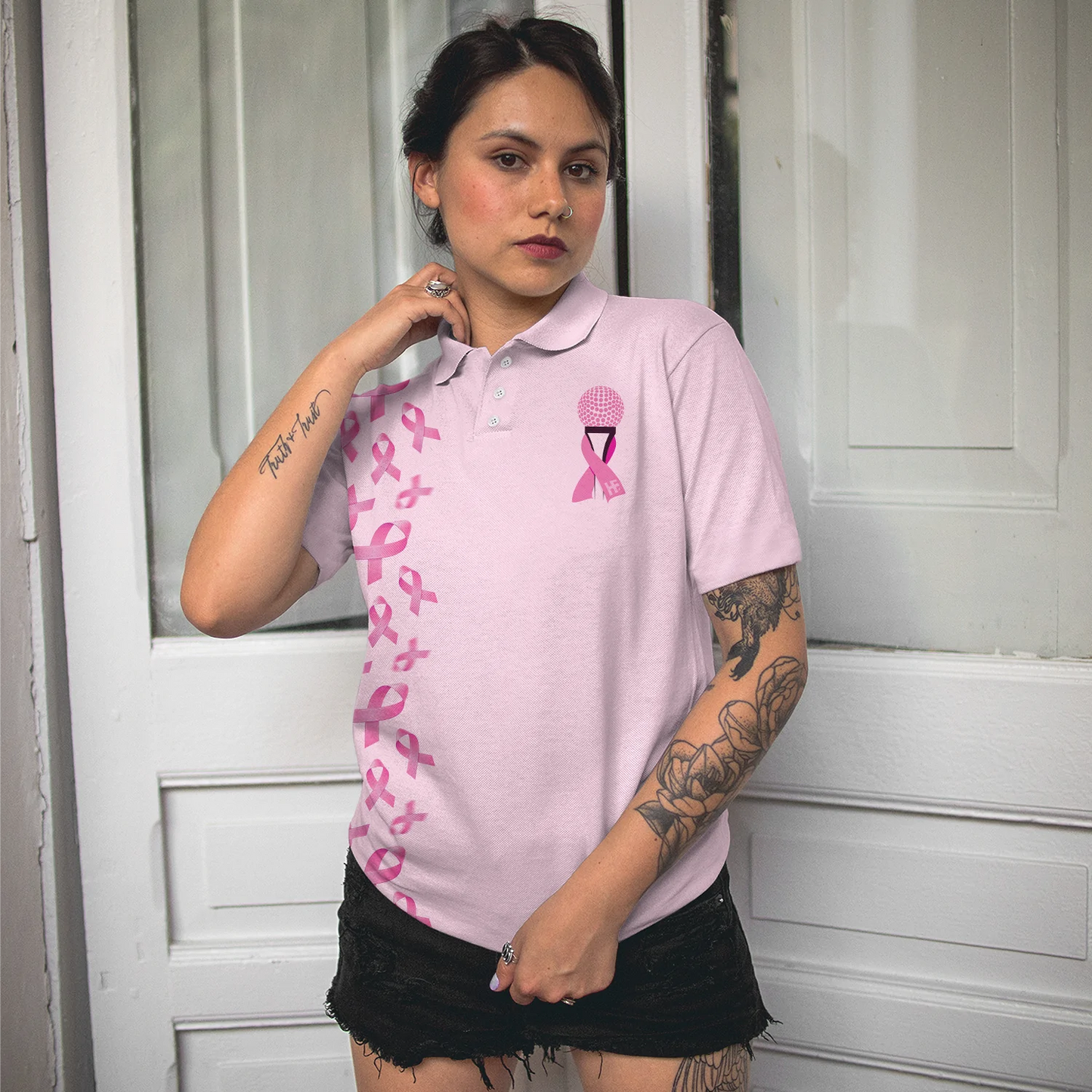 Breast Cancer Women Polo Shirt, In October We Wear Pink Short Sleeve Women Polo Shirt