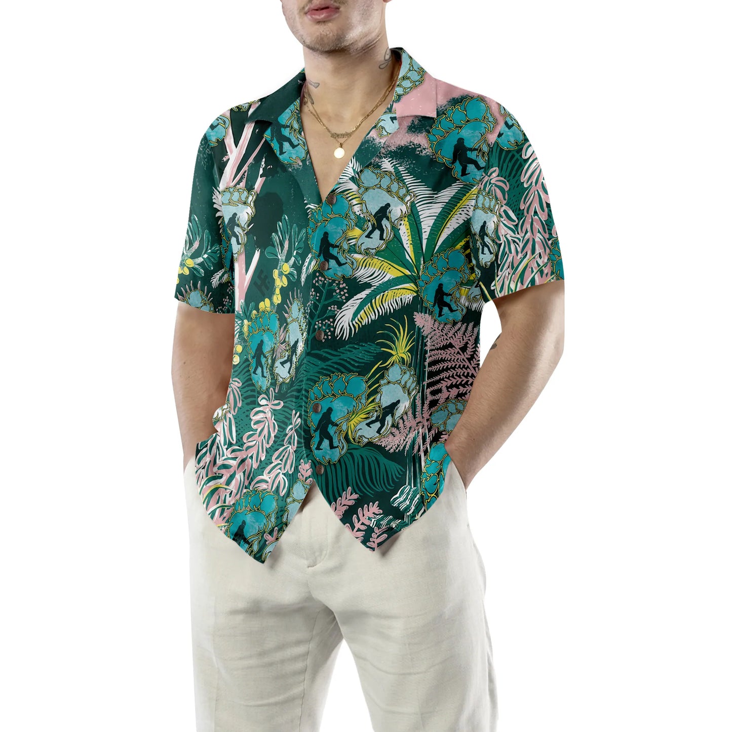 Tropical Forest Bigfoot Hawaiian Shirt, Tropical Floral And Leaves Bigfoot Shirt For Men, Aloha Tropical Summer Leaves Shirt For Men, Perfect Gift For Summer Tropical Lovers, Friends, Husband, Boyfriend, Family
