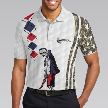 Be Skull And Goal Camouflage Men Polo Shirt, Your Hole Is My Goal Stripes Pattern Shirt, Camo Golf Shirt For Men