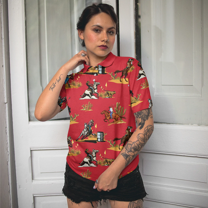 Rodeo Seamless Pattern Short Sleeve Women Polo Shirt, Red Texas Cowboy Polo Shirt, Rodeo Shirt For Female