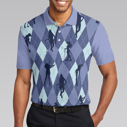 Vintage Blue Palatte Girl Golf Polo Shirt, Argyle Pattern Girl Golfer Silhouette Polo Shirt, Fun Golf Shirt - Perfect Gift For Men
