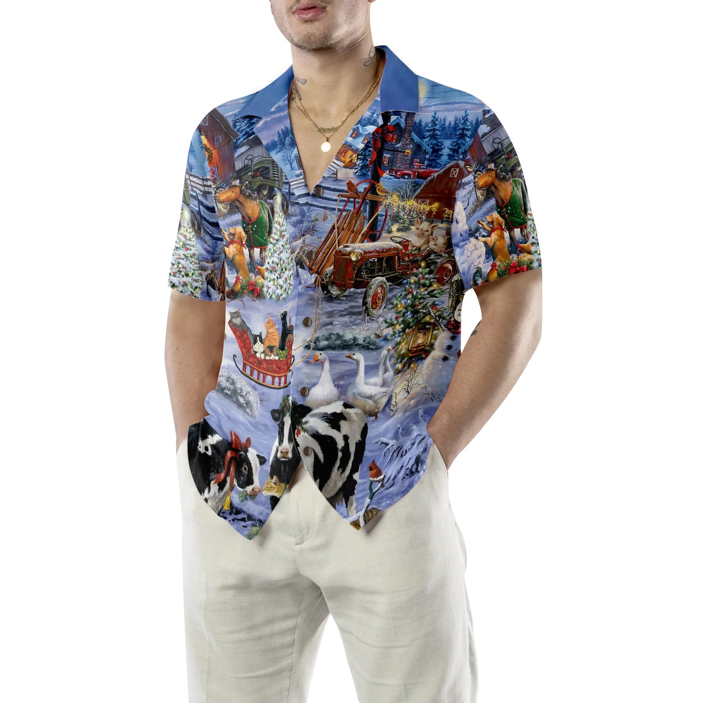 Beautiful Farm On Christmas Hawaiian Shirt, Pretty Animals On Farm, Christmas Farmhouse Hawaiian Shirt For Men, Perfect Gift For Farm Lovers, Friends, Husband, Boyfriend, Family