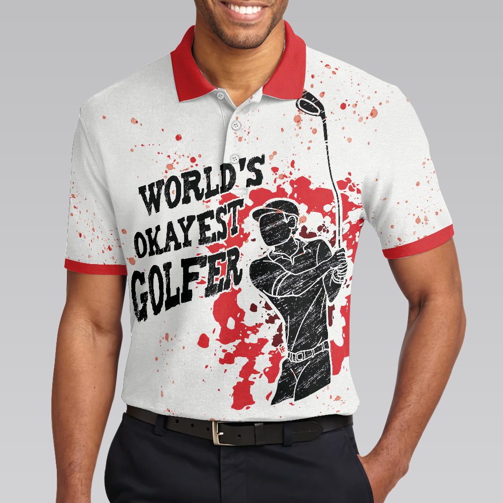 World's Okayest Golfer Golf Polo Shirt, Red Paint Splash Black Golfer Silhouette Polo Shirt, Best Golf Shirt - Perfect Gift For Men