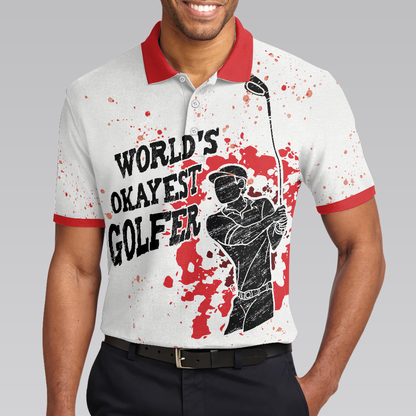 World's Okayest Golfer Golf Polo Shirt, Red Paint Splash Black Golfer Silhouette Polo Shirt, Best Golf Shirt - Perfect Gift For Men