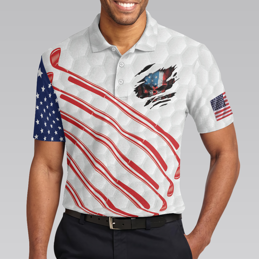 American Flag Skull White Golf Pattern Men Polo Shirt, Ripped American Flag Polo Shirt, Patriotic Golf Shirt For Men, Best Gift For Golfers