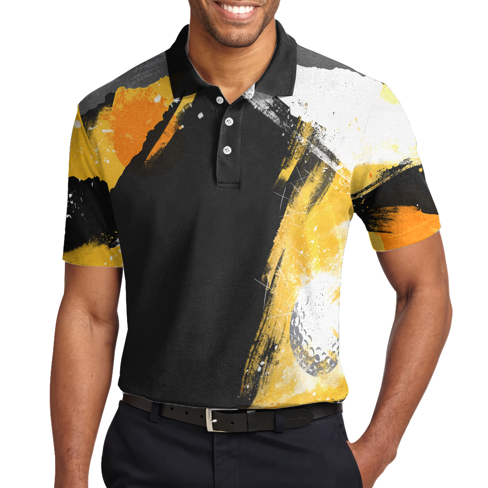 Artistic Black and Gold Crayon Strokes Short Sleeve Men Polo Shirt, Golf On Golf Shirt For Men
