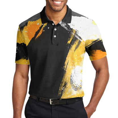 Artistic Black and Gold Crayon Strokes Short Sleeve Men Polo Shirt, Golf On Golf Shirt For Men