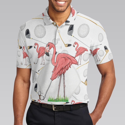 Flamingo Golfer Polo Shirt, Pink Flamingo Golf Polo Shirt, Flamingo Themed Short Sleeve Shirt For Golfers