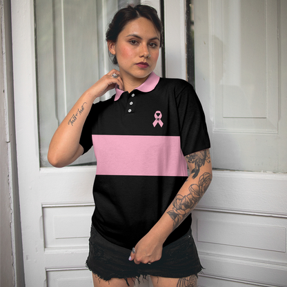 Breast Cancer Awareness Ribbon Short Sleeve Women Polo Shirt, Thoughtful Breast Cancer Survivor Shirt, Pink And Black Shirt For Ladies, Best Gift For Women