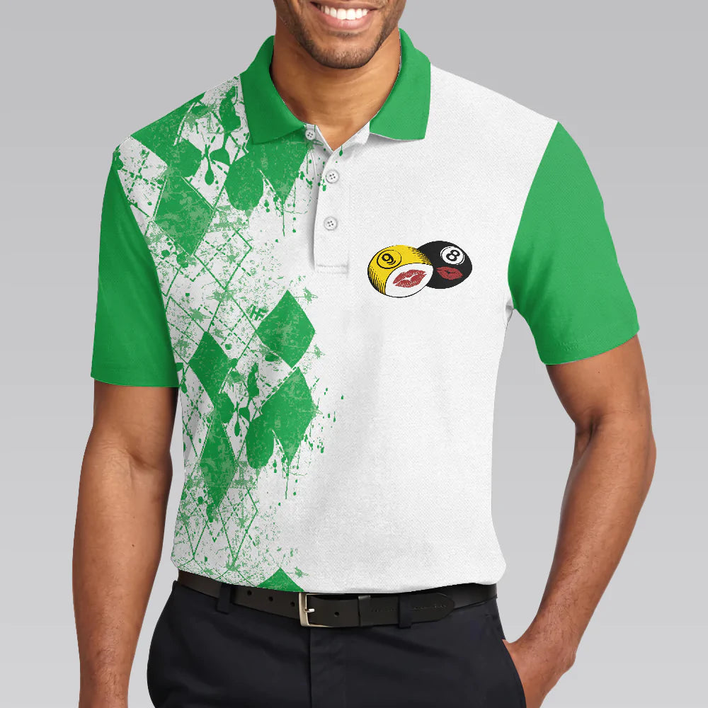 Green Argyle Pattern Billiards Men Polo Shirt, Kiss My Balls For Luck Death Polo Shirt, Polo Style Billiards Shirt For Male, Gift For Billiard Lovers