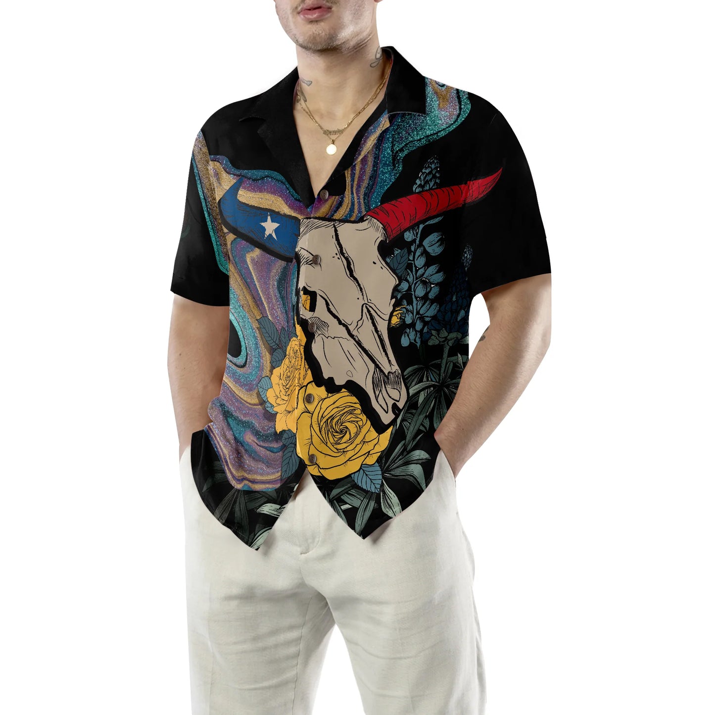 Artistic Longhorn Skull Texas Hawaiian Shirt, Black Royal Gold Rose Aloha Shirt For Men, Bluebonnet Proud Texas Shirt For Texans, Best Gift For Summer, Husband, Boyfriend